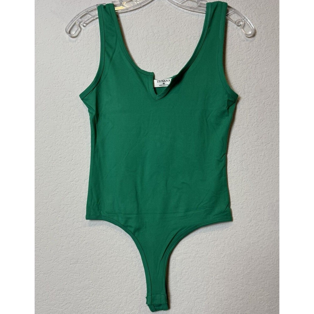 Zenana Notched Collar Sleeveless Green Bodysuit Stretchy Solid Basics Women’s M